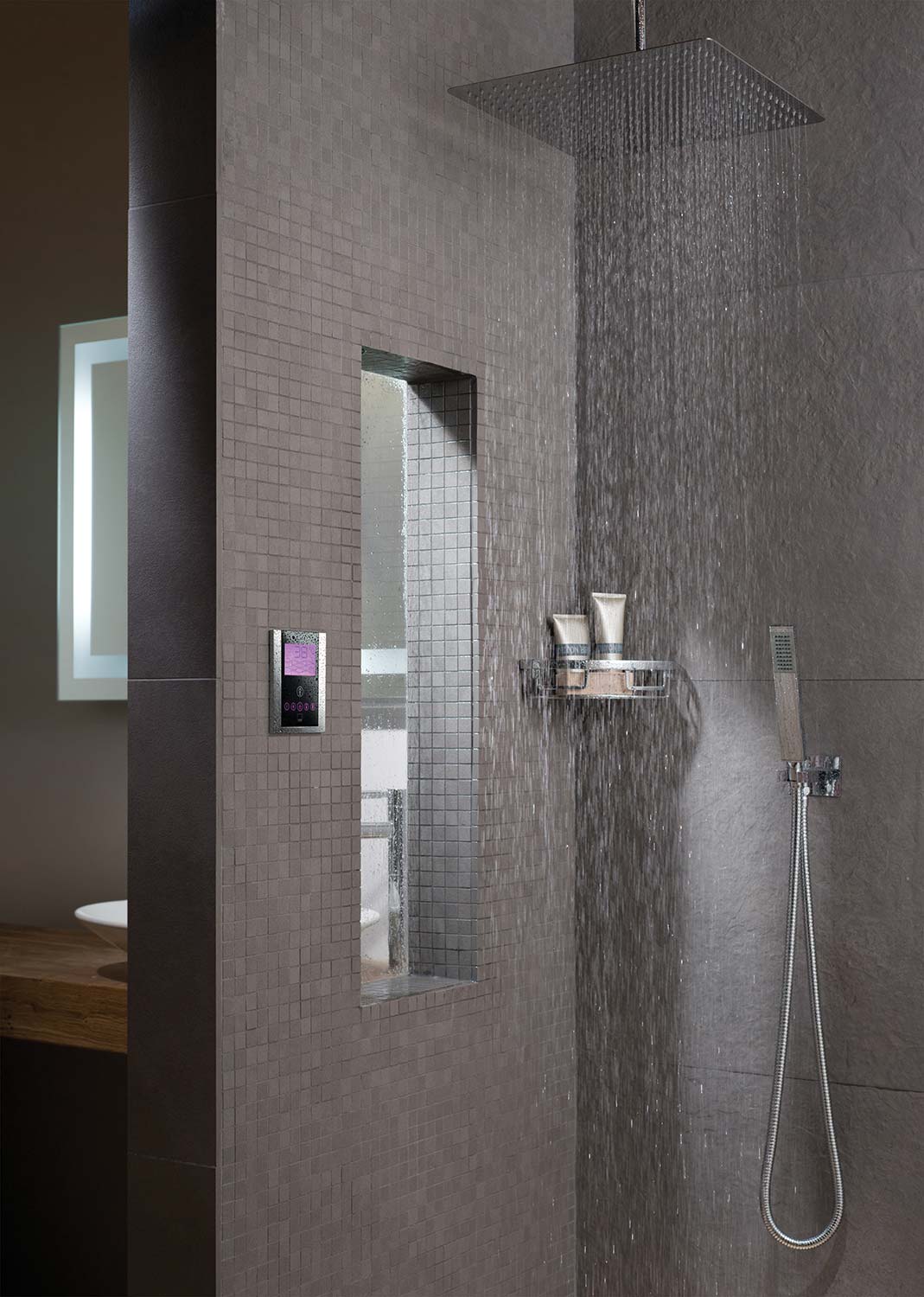 Shower room interior set with accessory basket, digital thermostatic valve, shower handset and head with falling water