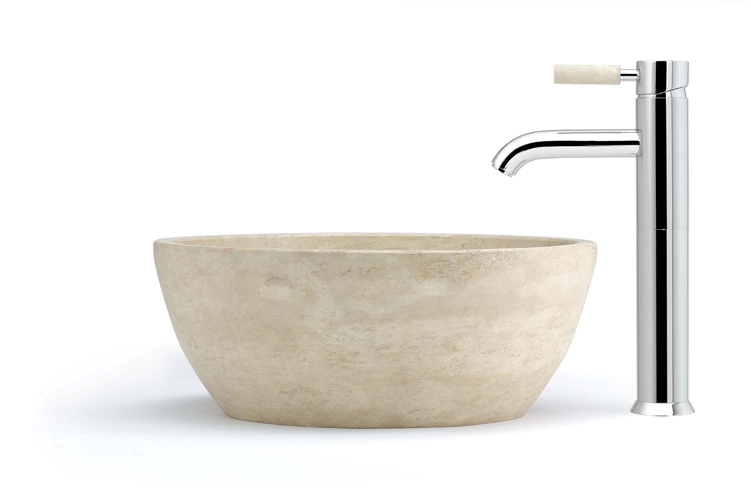 A single lever extended mono basin mixer over a stone bowl against a white background.
