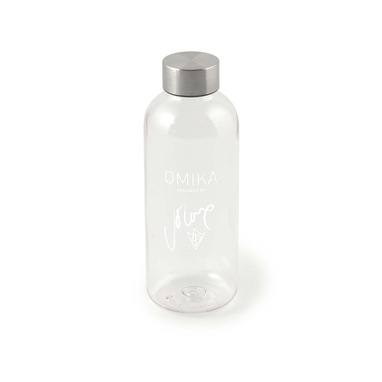 Clear plastic water bottle with a silver cap.